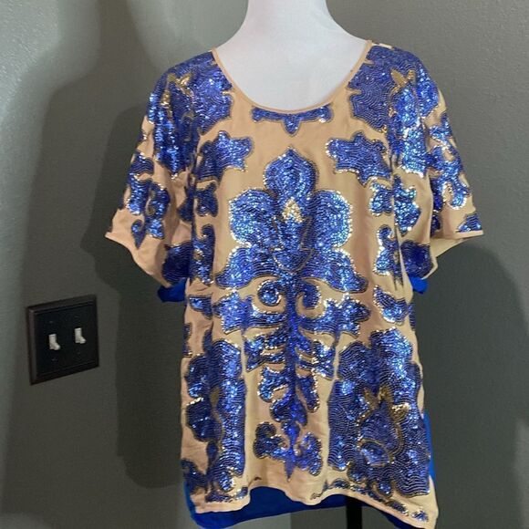 Tracy Reese Blouse Neiman Marcus Target Sequin Top Royal Blue Beige Tan New - Picture 3 of 10